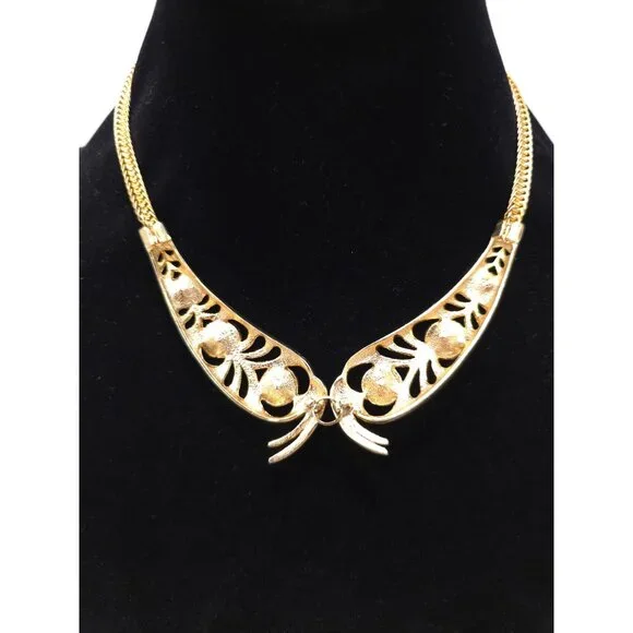 Vtg Gold-Tone Hollywood Regency Statement Necklace w/ Garnet Colored Gemstones - Picture 2 of 5